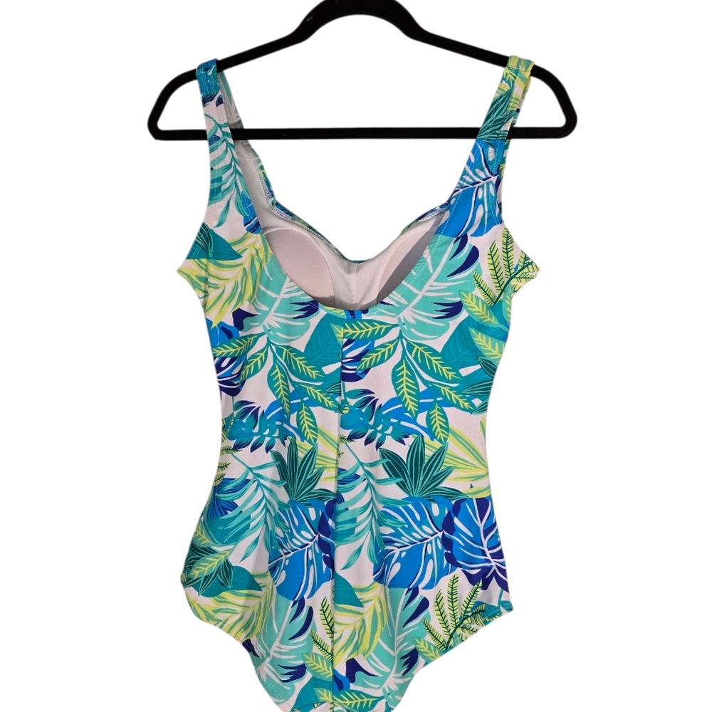 Tropical Leaf Ruched One-Piece Swimsuit - Blue/Green - Picture 8 of 8